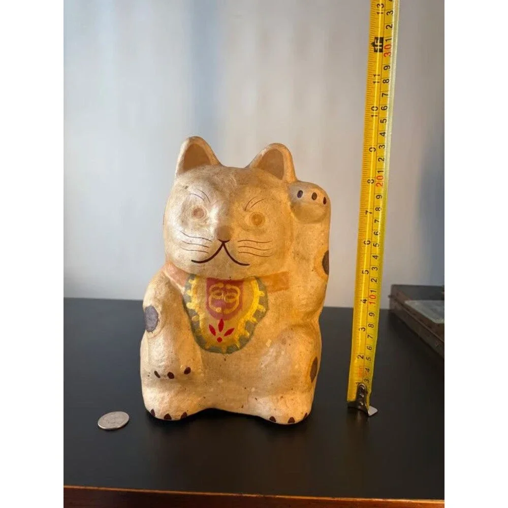 Japanese Maneki Neko Papier Mache Beckoning Cat Hariko Folk Toy 9.5 in